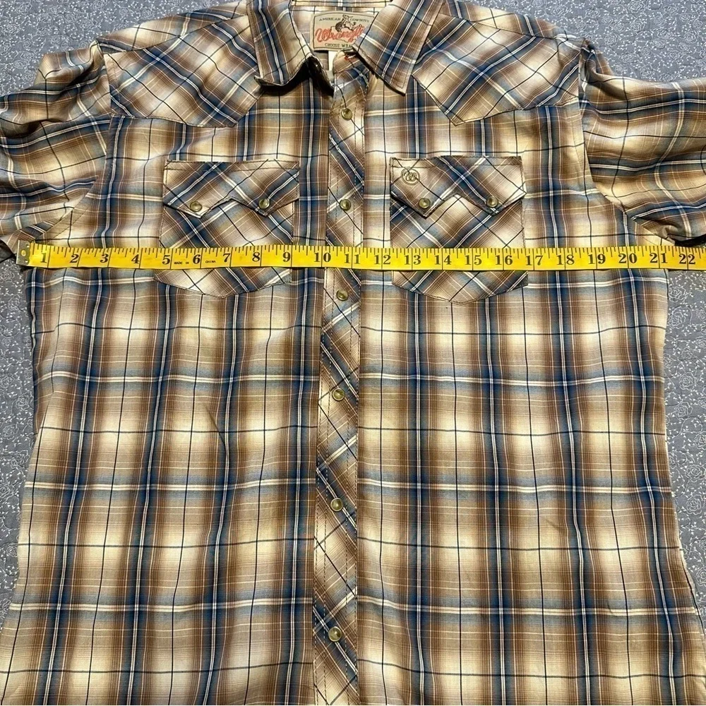 Wrangler Shirt Tan Blue Pearl Snap Rodeo Western Sawtooth Pockets Cowboy Sz XXL